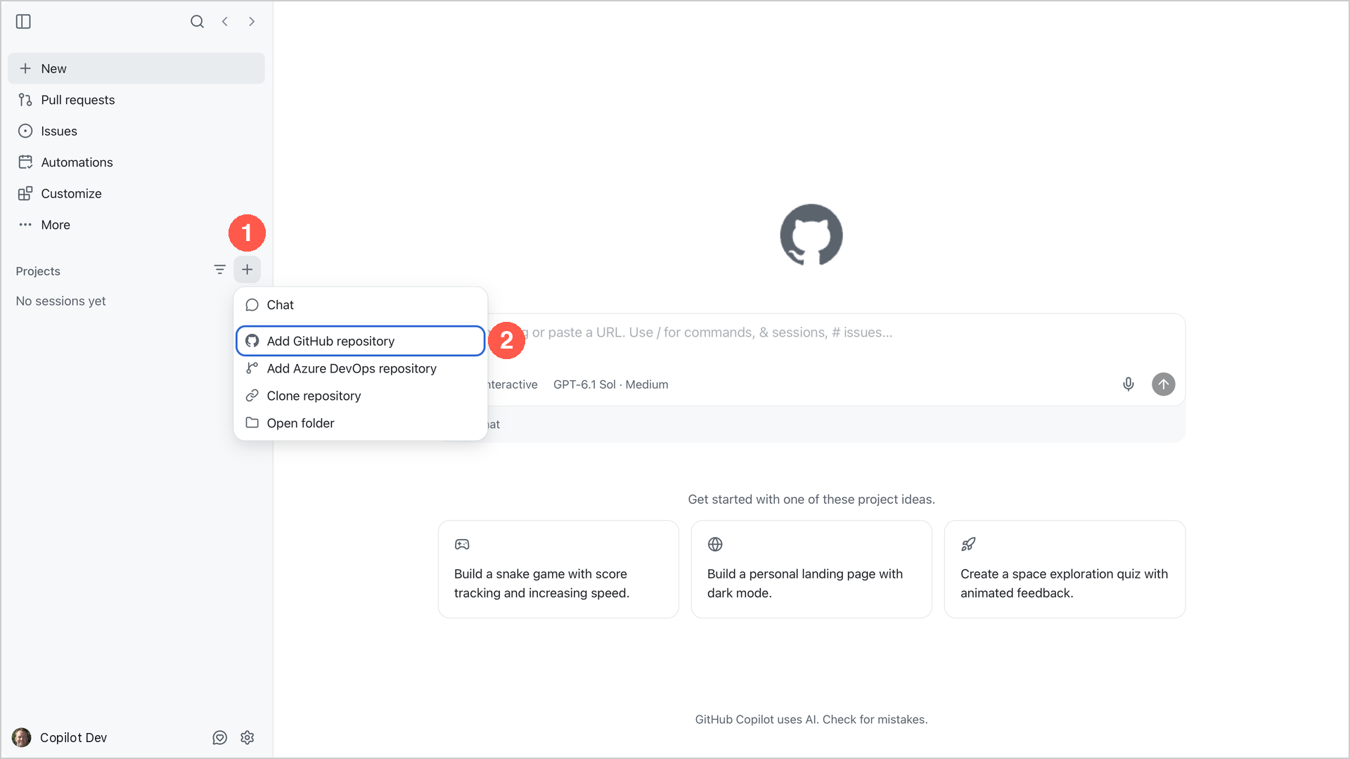 Projects menu with callouts for + and Add GitHub repository