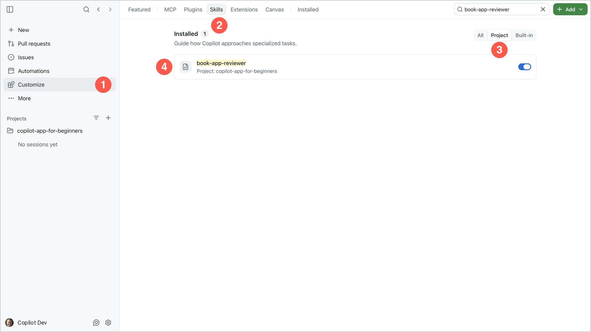 Customize Skills with callouts for Customize, Skills, Project, and the book-app-reviewer result
